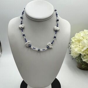 Handmade Howlite Bear Nugget Navy Blue Seed Bead Silver Tone Fetish Necklace